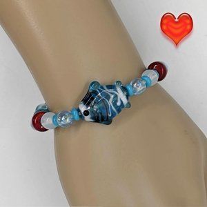 3 For 20 Hand Crafted Blue Blown Art Glass Fish & Acrylic Bead Stretch Bracelet
